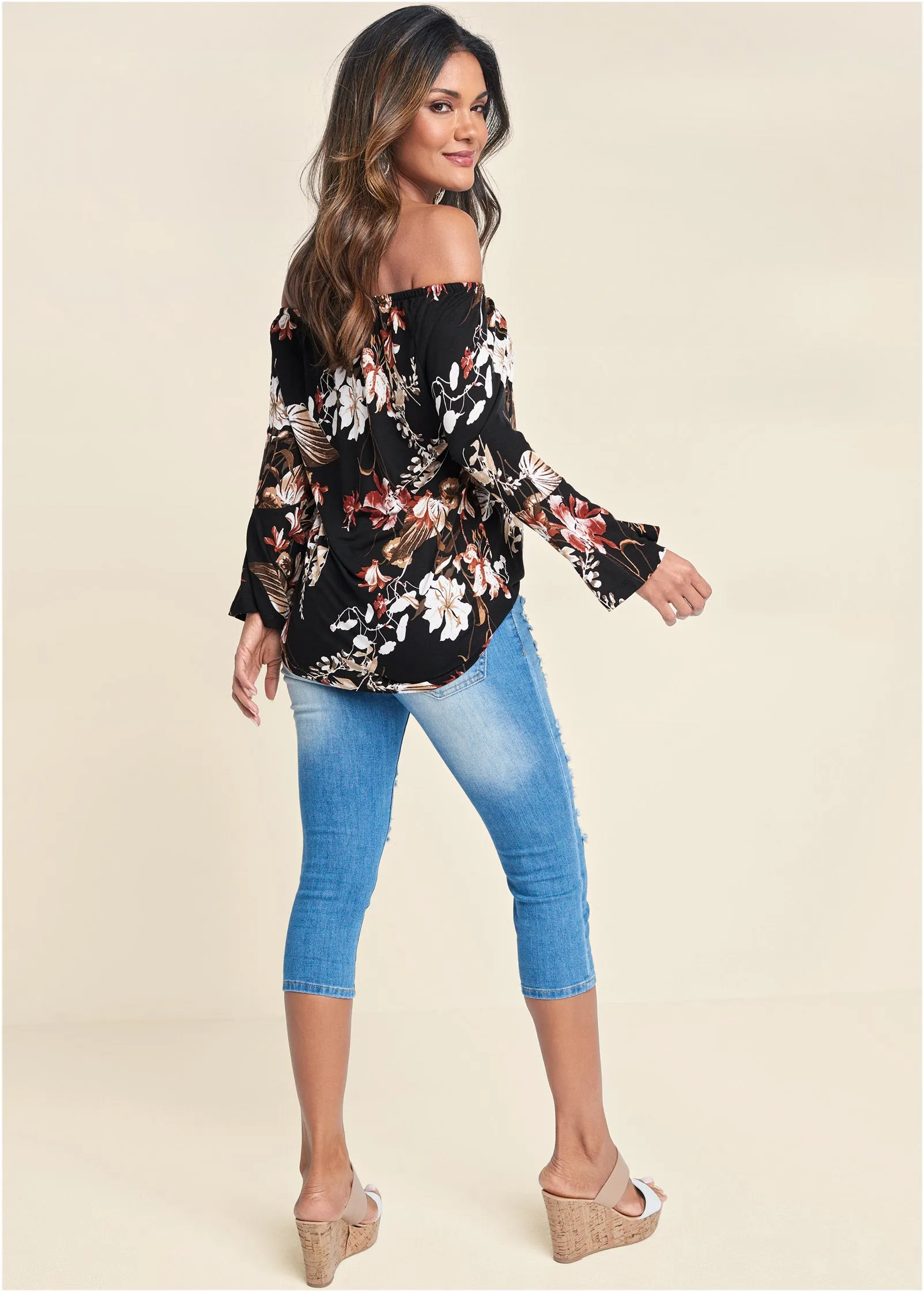 Bell Sleeve Printed Top - Black Multi