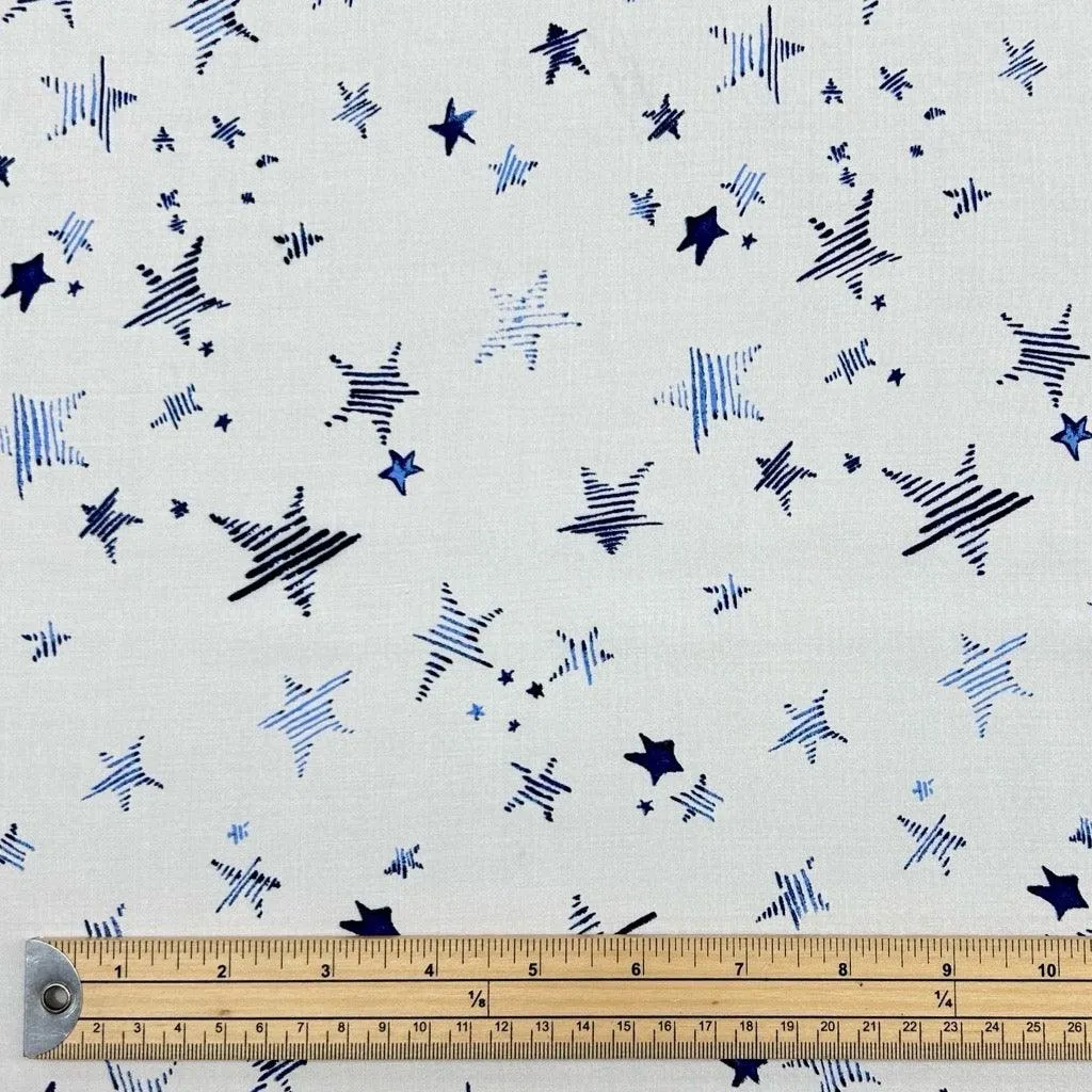 Blue Stars on White Viscose Challis Fabric