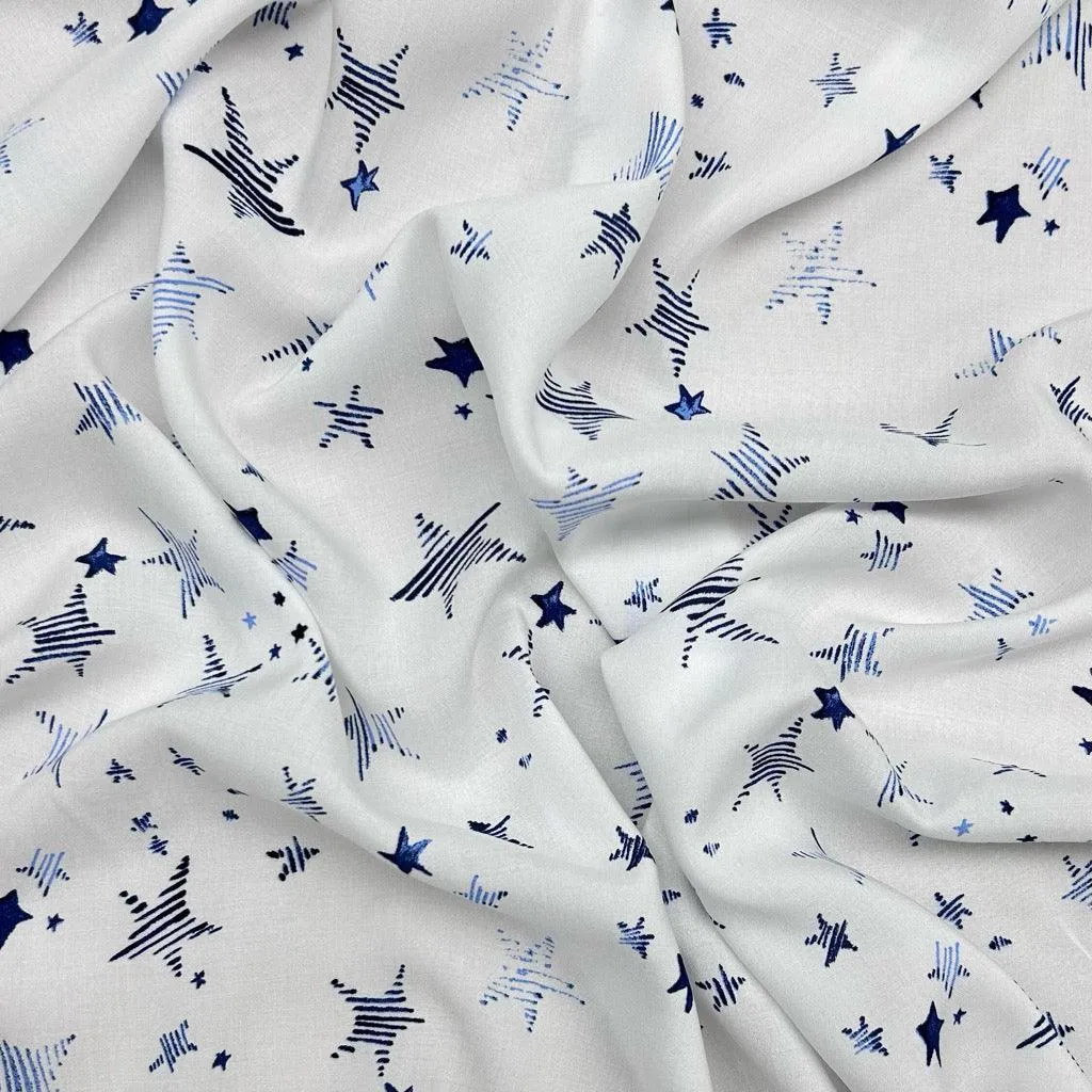 Blue Stars on White Viscose Challis Fabric