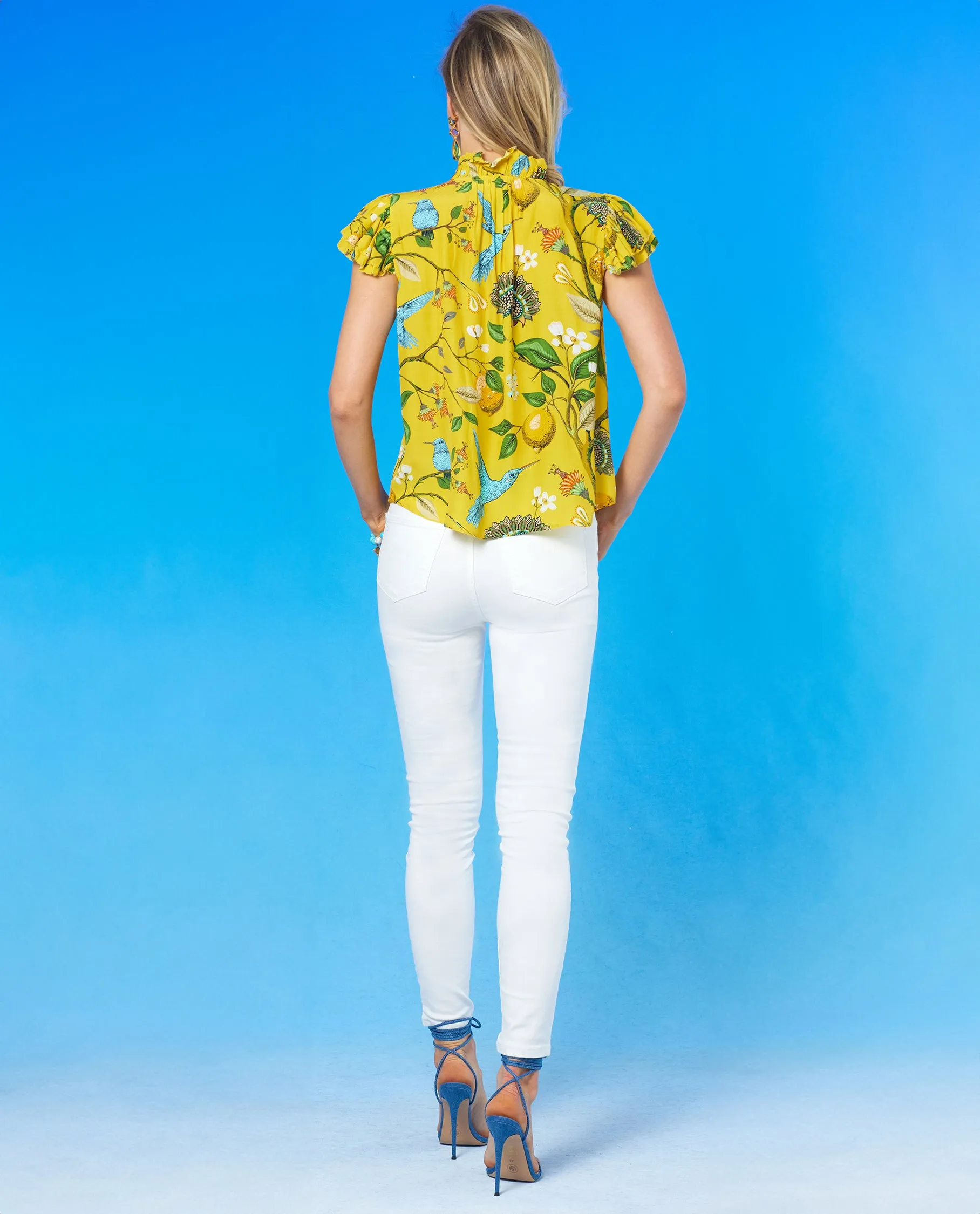 Chloe Flutter Sleeve Top in Yellow Hummingbird Print