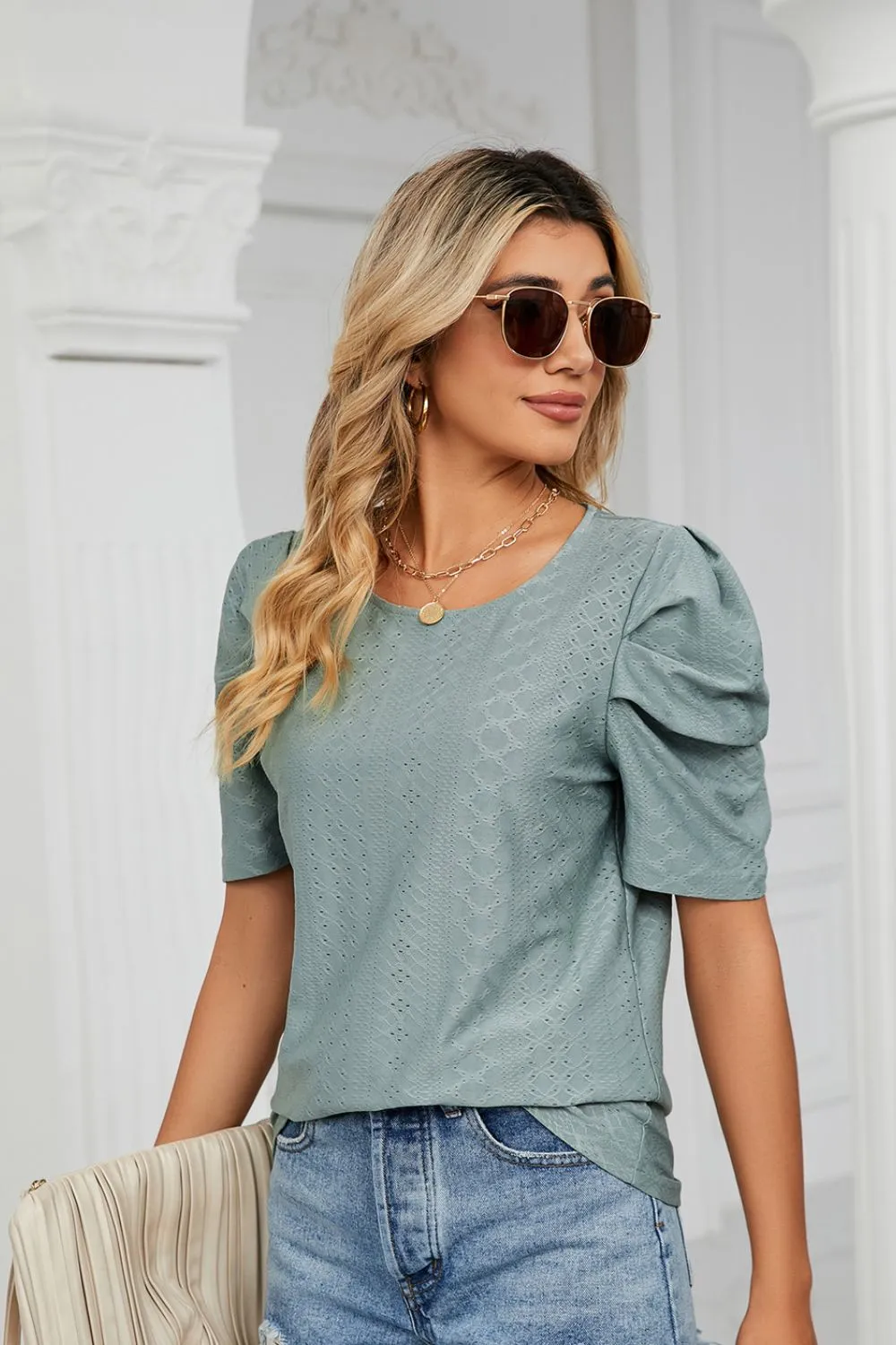 Eyelet Puff Sleeve Round Neck Blouse