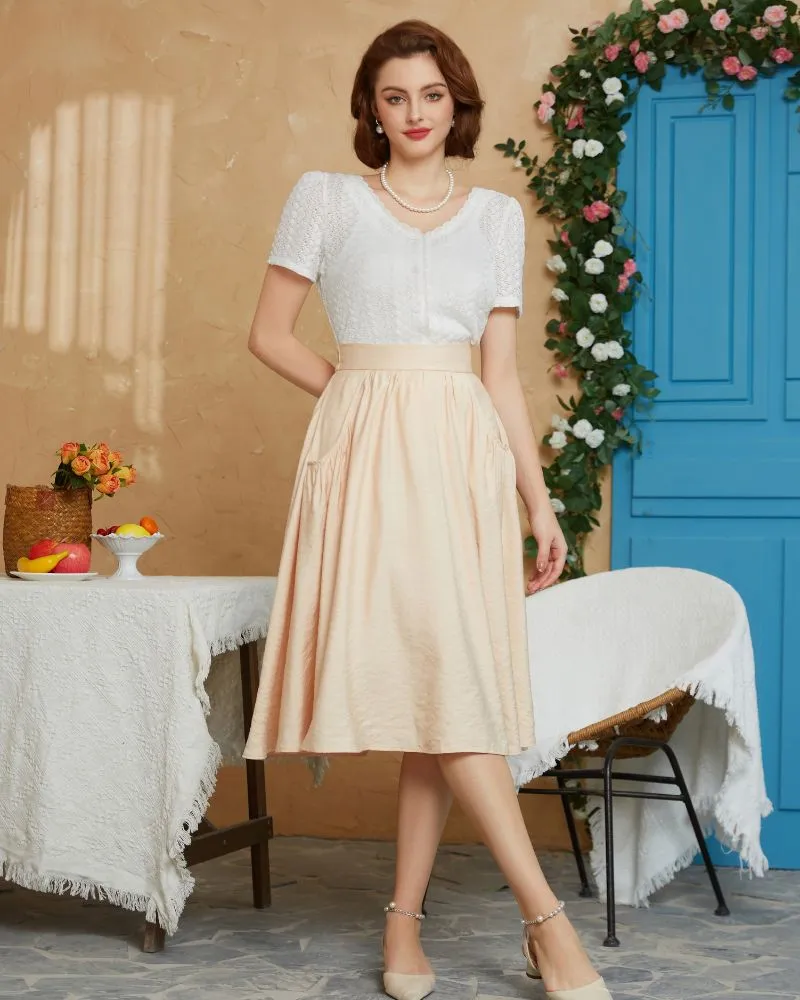 Faux Linen Skirt with Pockets Vintage Swing Skirt Elastic Waist Flared A Line Skirts