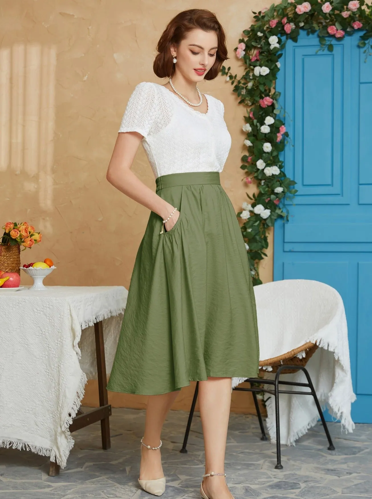 Faux Linen Skirt with Pockets Vintage Swing Skirt Elastic Waist Flared A Line Skirts