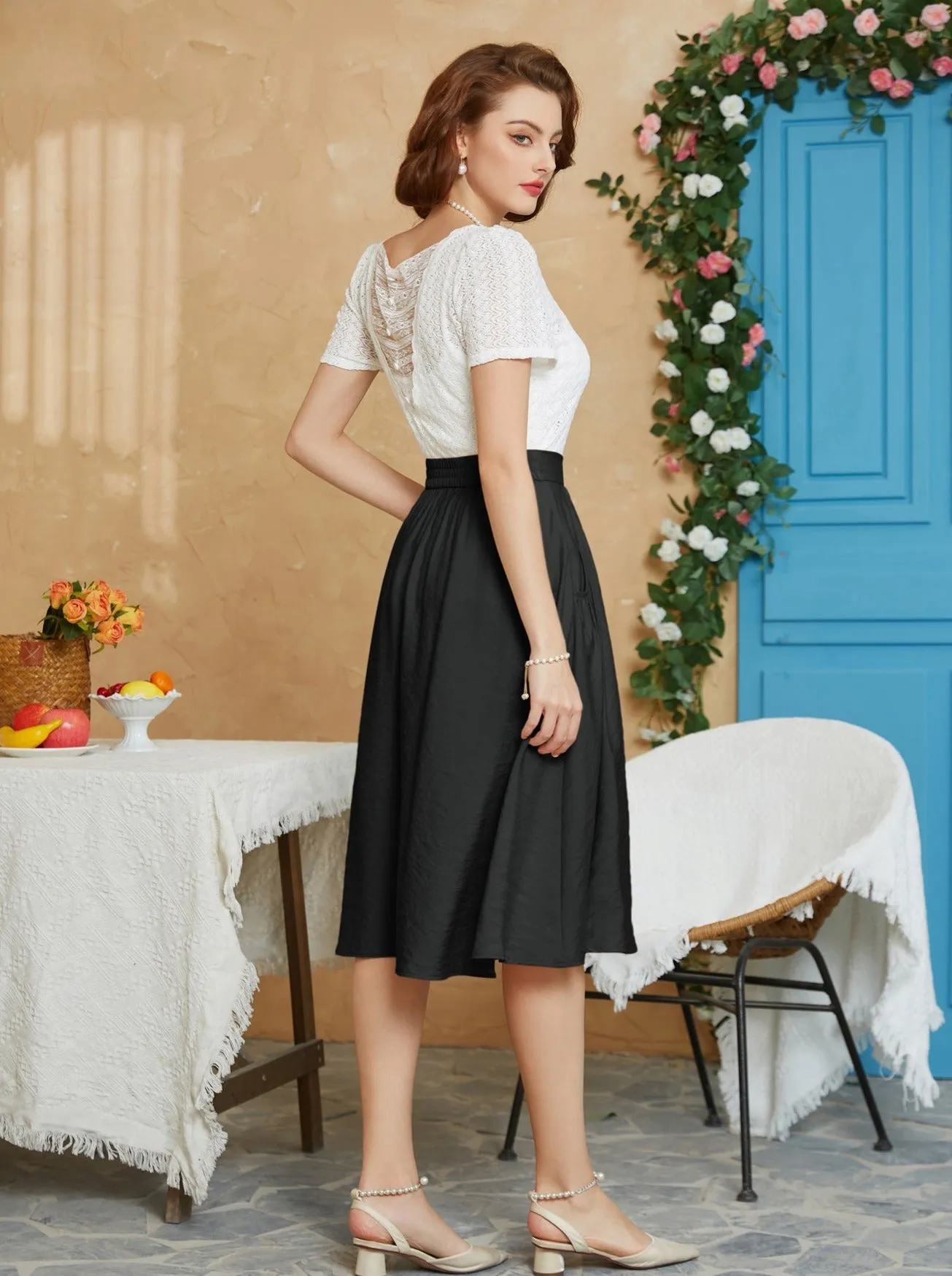 Faux Linen Skirt with Pockets Vintage Swing Skirt Elastic Waist Flared A Line Skirts