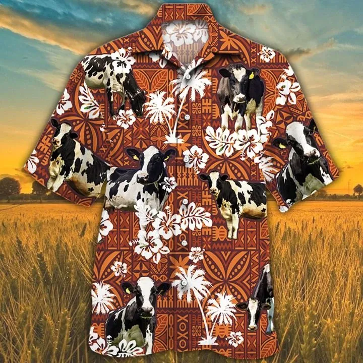 Holstein Friesian Red Tribal Hawaiian Shirt, Animal Cow Short Sleeve Hawaiian Aloha Shirt for Men, Women