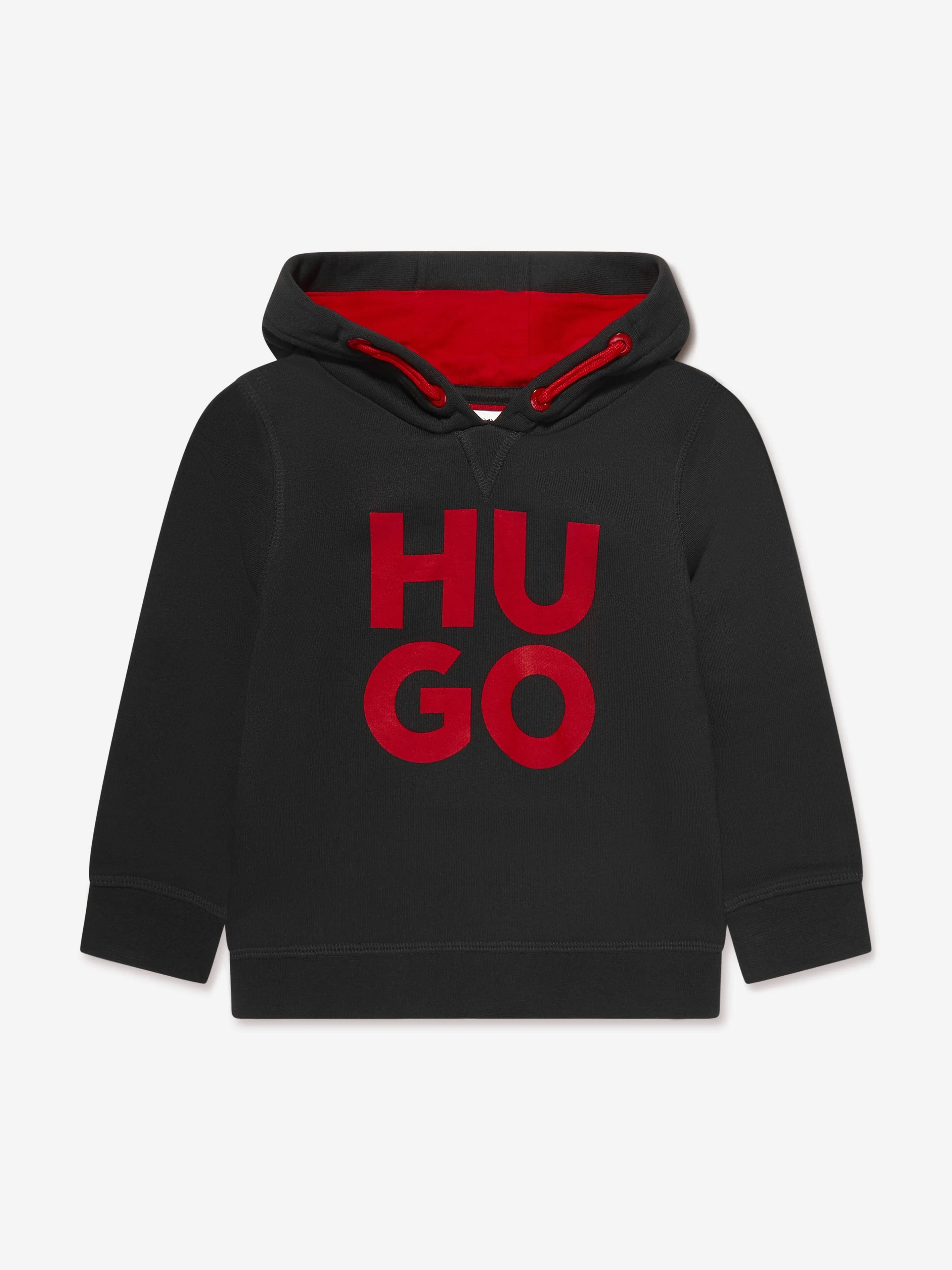 Hugo Boys Organic Cotton Logo Print Hoodie in Black