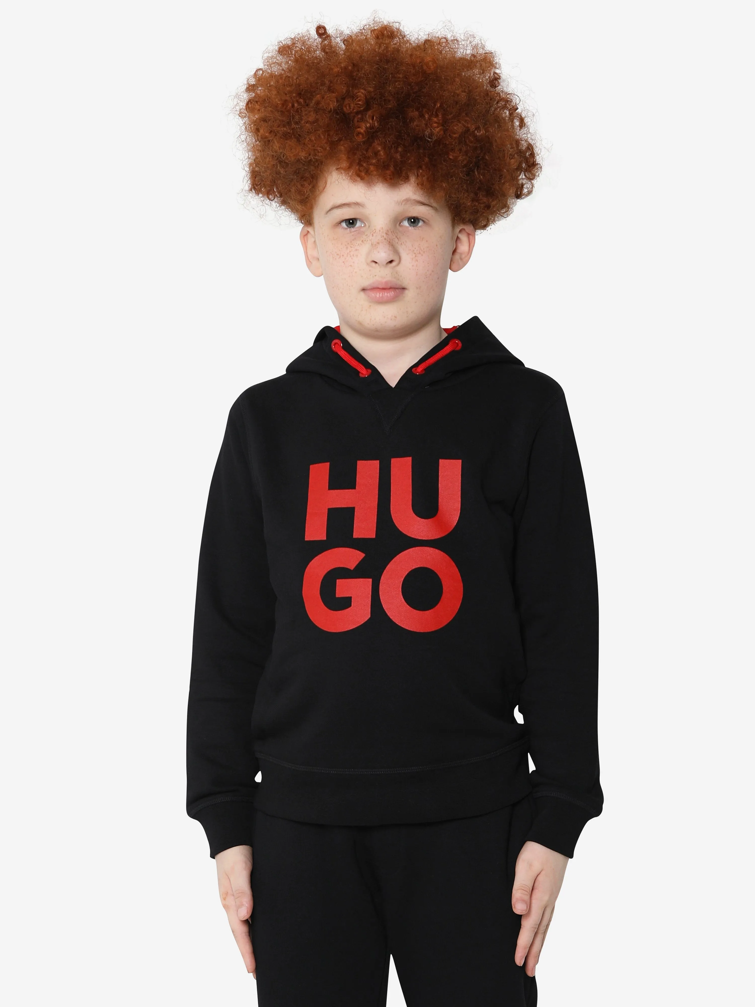 Hugo Boys Organic Cotton Logo Print Hoodie in Black