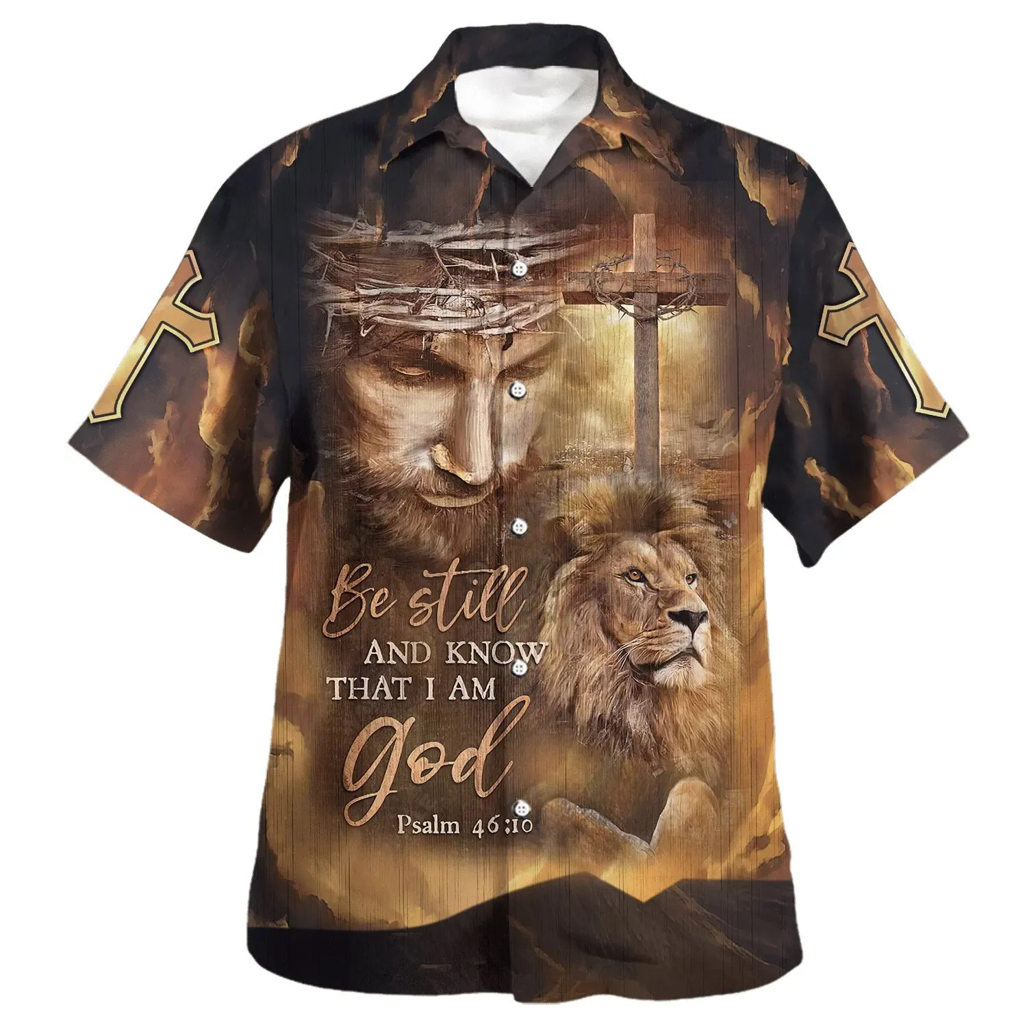 Jesus Lion Cross Be Still And Know That I Am God Hawaiian Shirts For Men - Christian Hawaiian Shirt - Hawaiian Summer Shirts