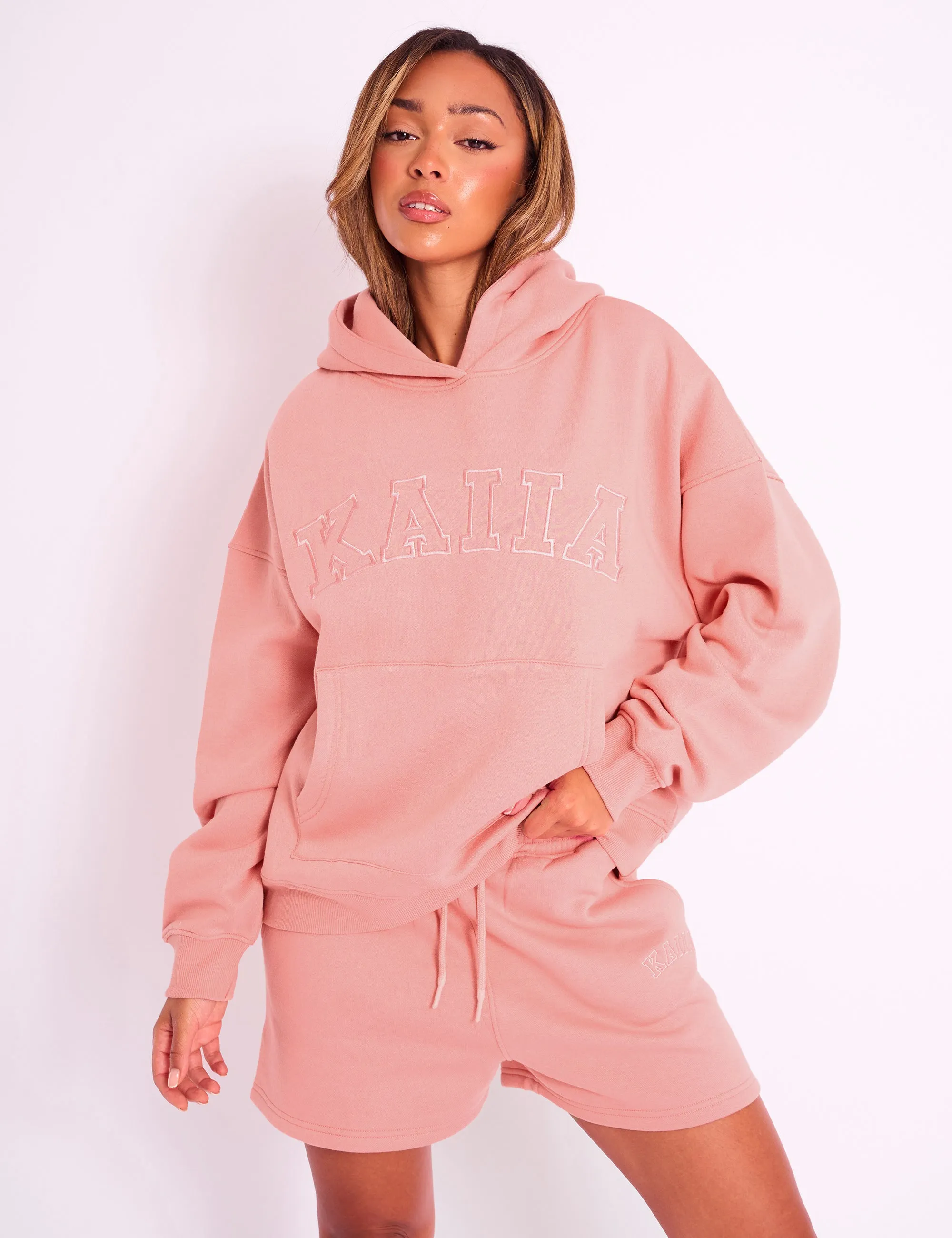 Kaiia Slogan Oversized Hoodie Coral