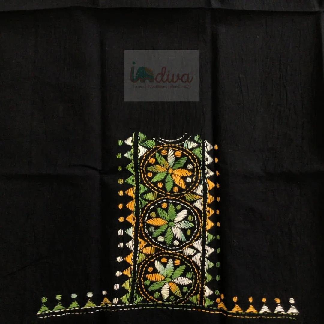 Kantha Blouse Fabric With Green, Yellow & White Embroidery