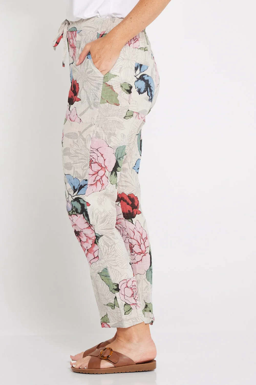 Kiana Linen Pants - Beige Floral