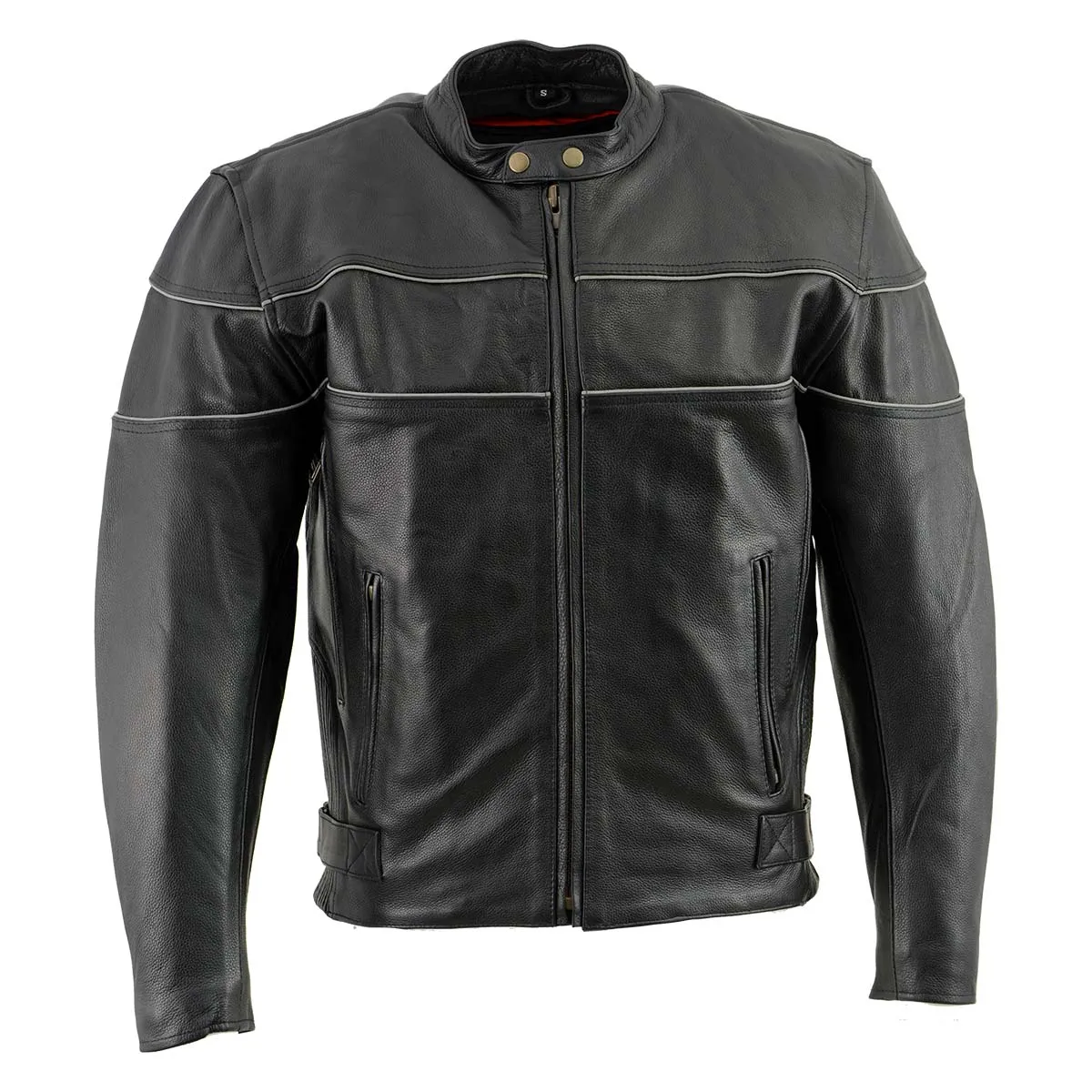 Leather King Men's XS2121NB ‘Side Stretch’ Black Leather Jacket with Reflective Piping