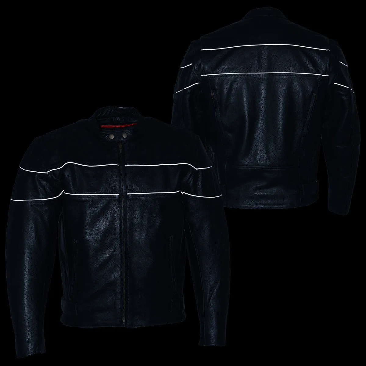 Leather King Men's XS2121NB ‘Side Stretch’ Black Leather Jacket with Reflective Piping