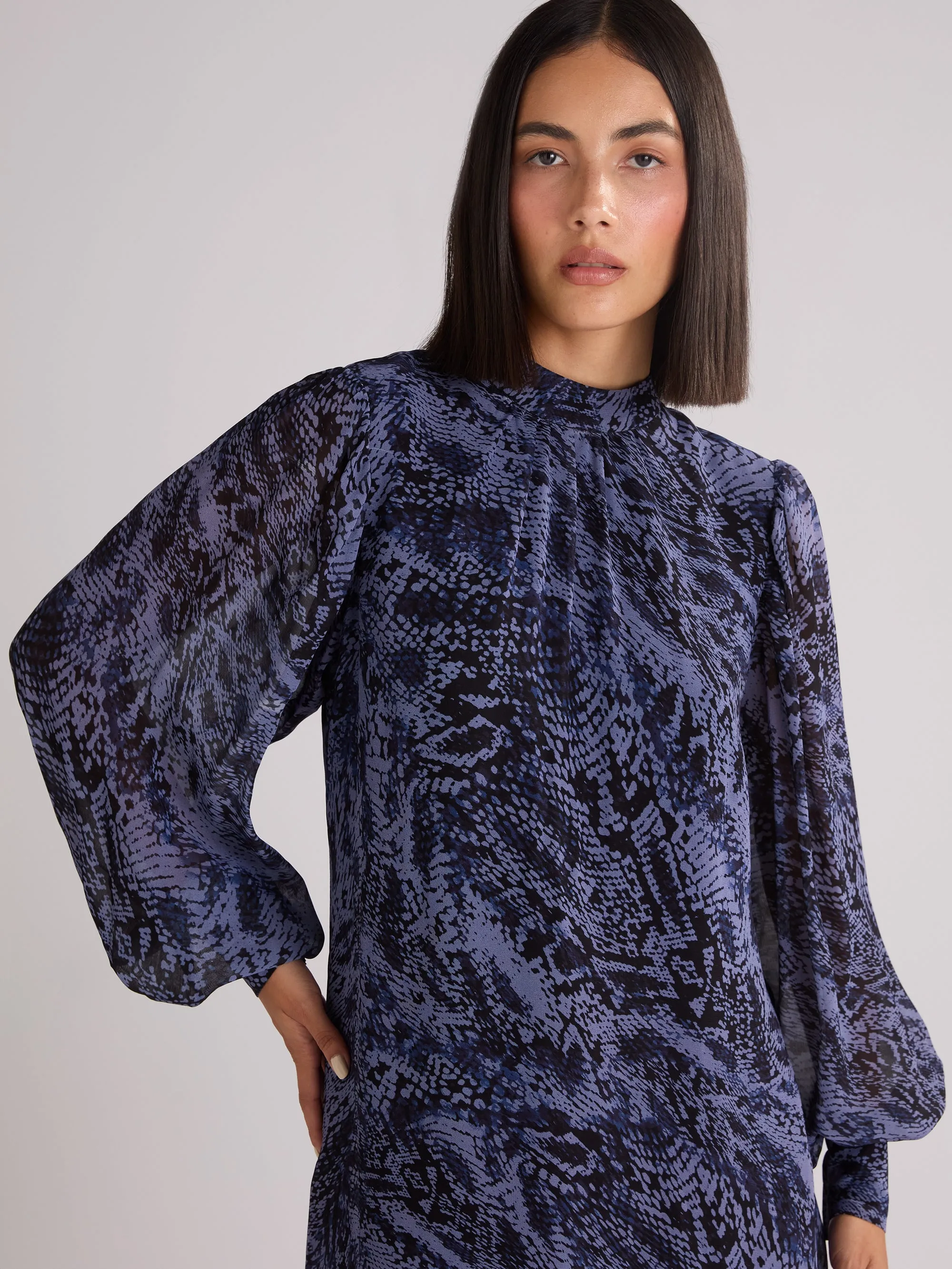 Navy Snake Print High Neck Dress