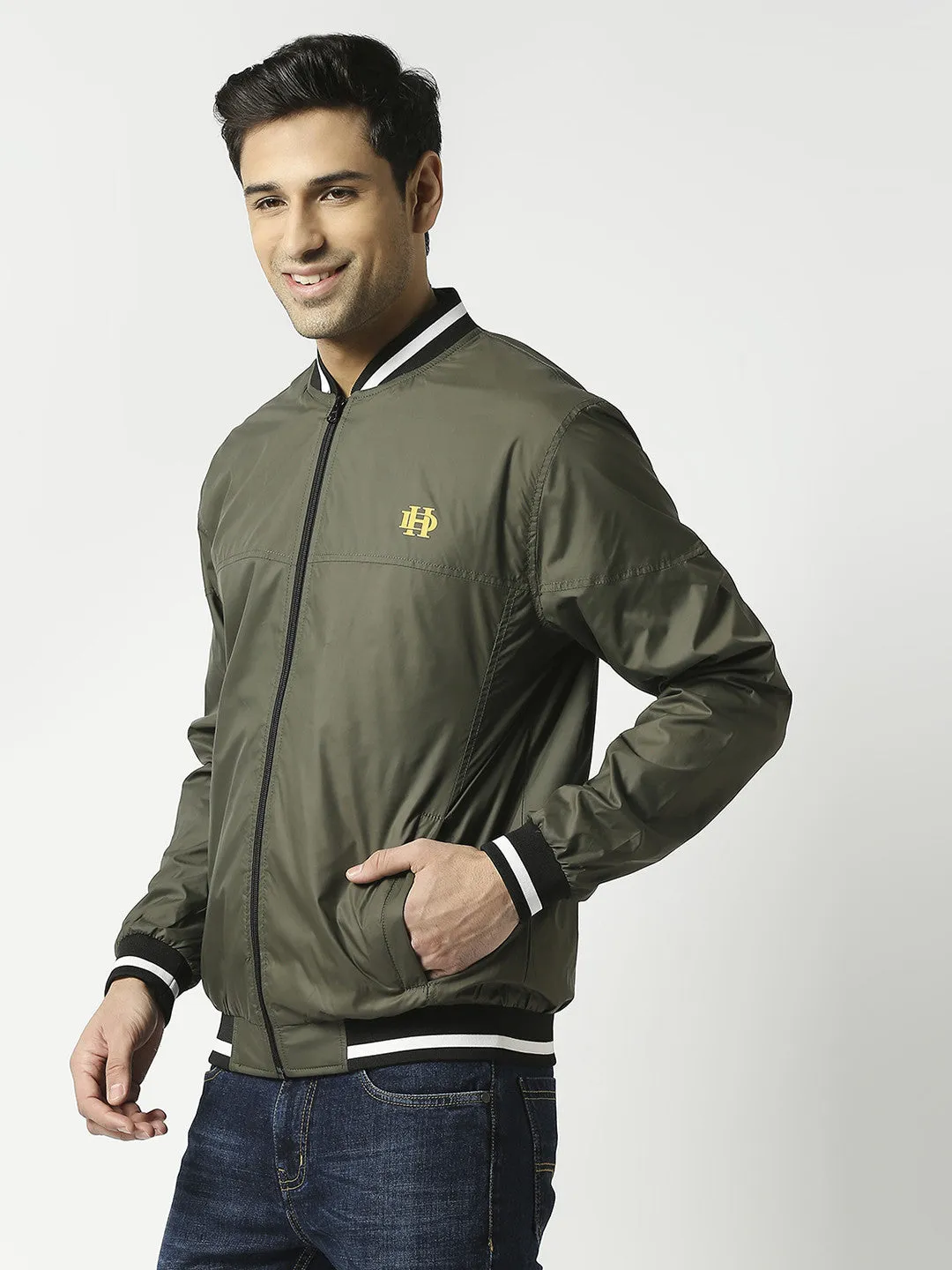 Olive Green Bomber Jacket with Black Striped Trim