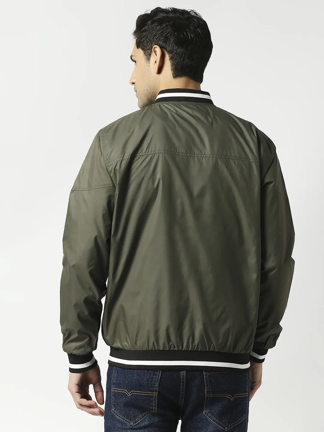 Olive Green Bomber Jacket with Black Striped Trim