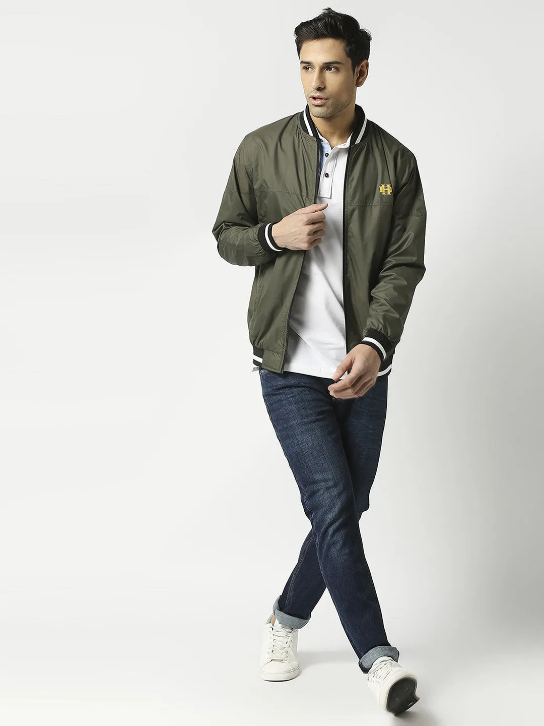 Olive Green Bomber Jacket with Black Striped Trim