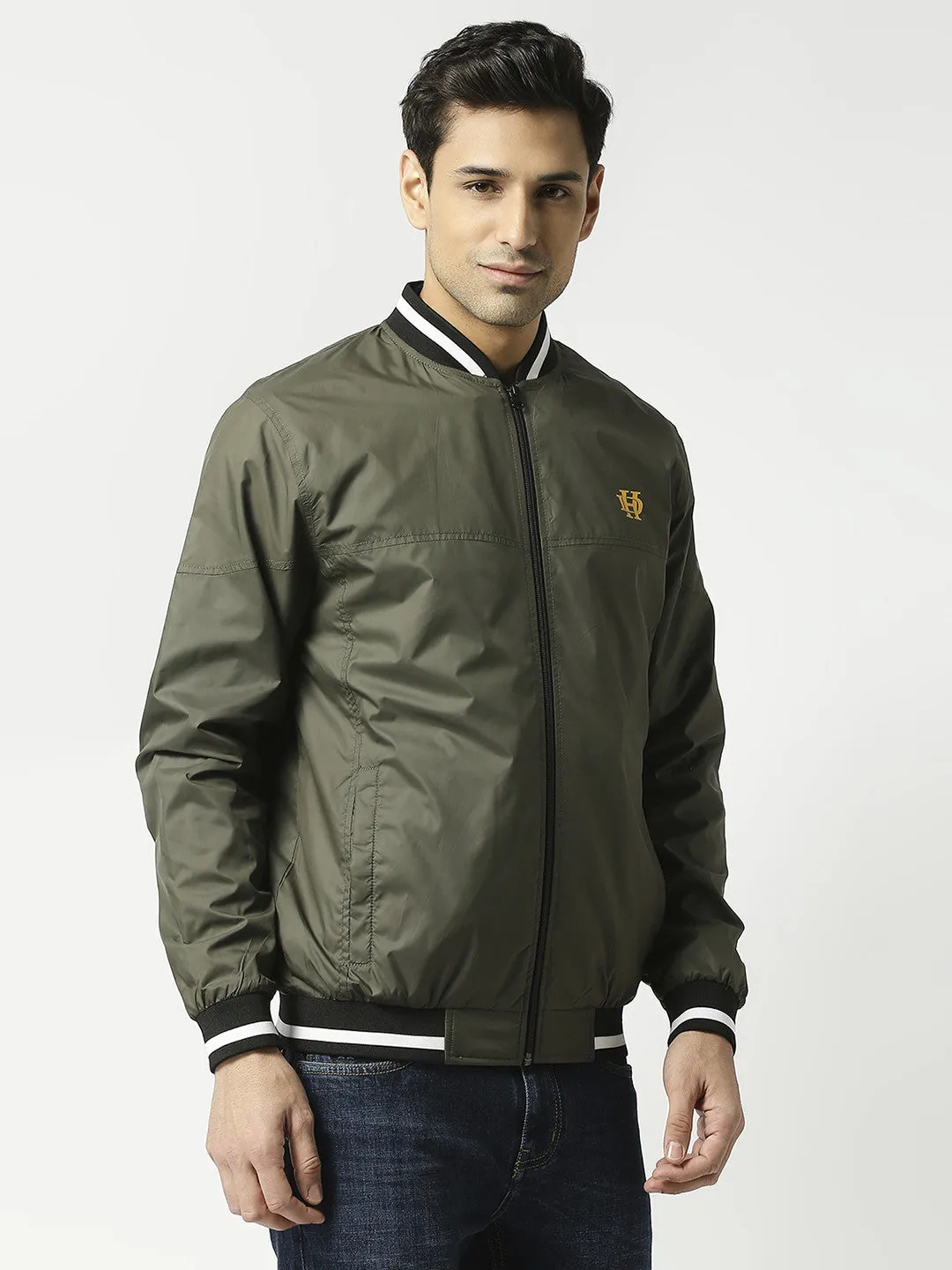 Olive Green Bomber Jacket with Black Striped Trim