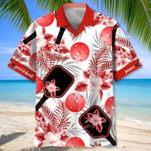 Pickleball Usa Red Tropical Hawaiian Shirt, Tropical Aloha Shirts Short Sleeve Beach Holiday Casual Shirts