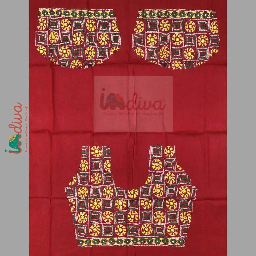 Red Kantha Blouse Fabric With Green & Yellow Geometric Motifs