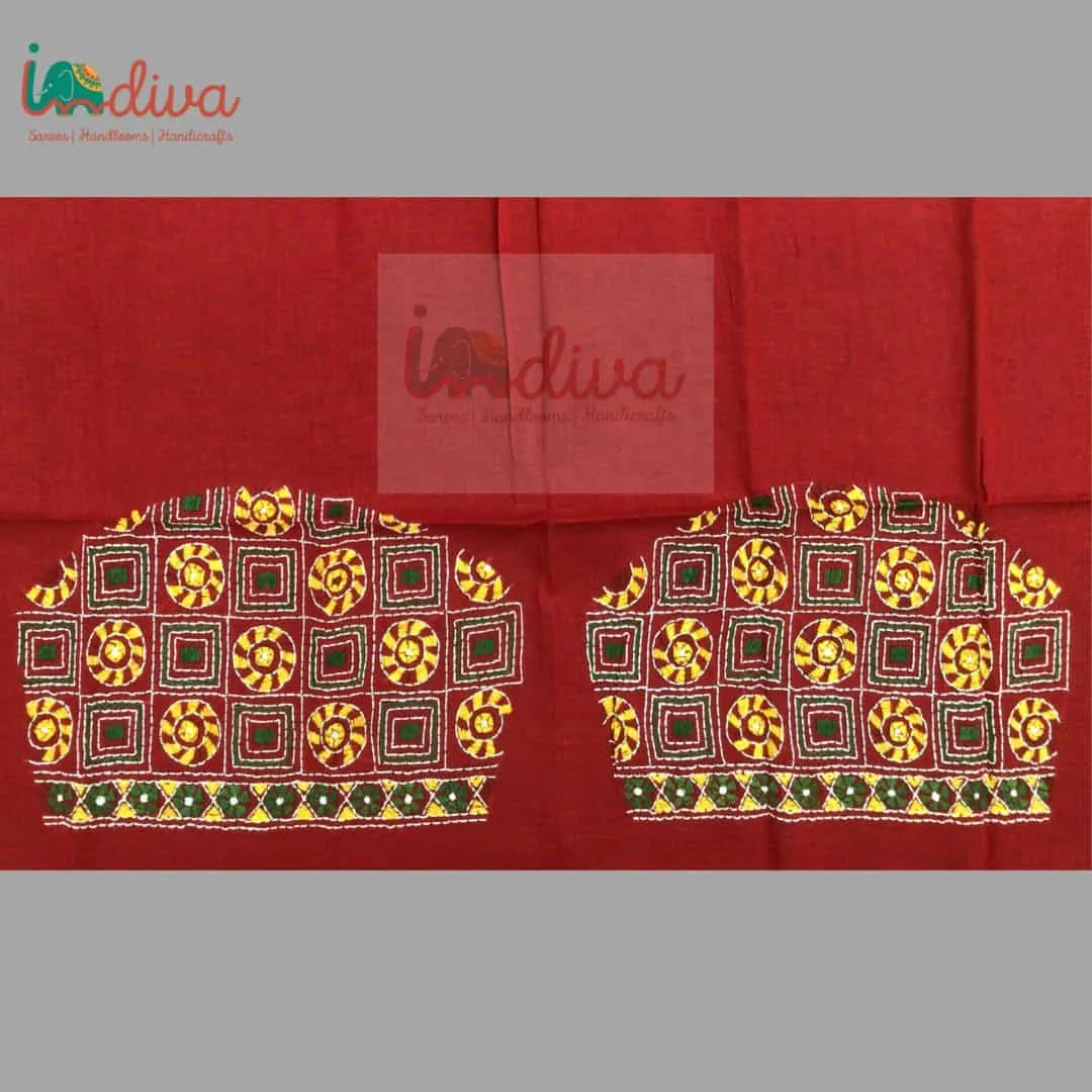 Red Kantha Blouse Fabric With Green & Yellow Geometric Motifs