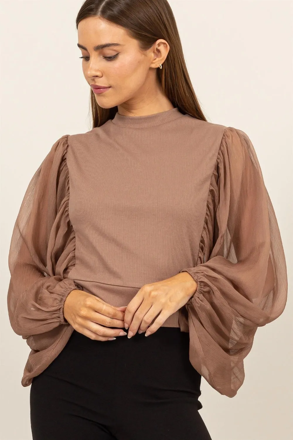 Ruched Sheer Long Sleeve Mock Neck Blouse