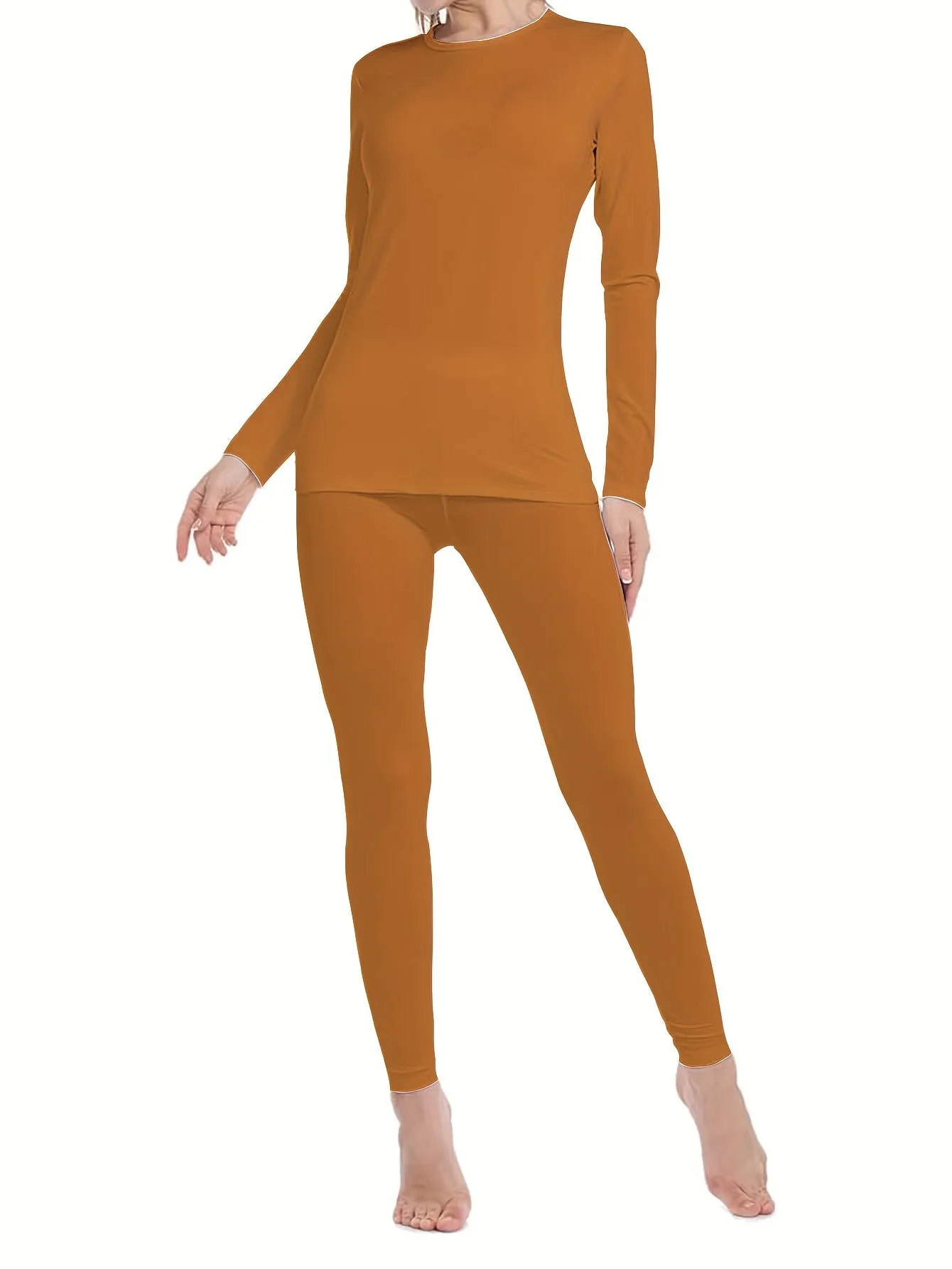 Seamless Thermal Underwear Set, Long Sleeve Crew Neck Tops & Pants, Women's Loungewear & Underwear