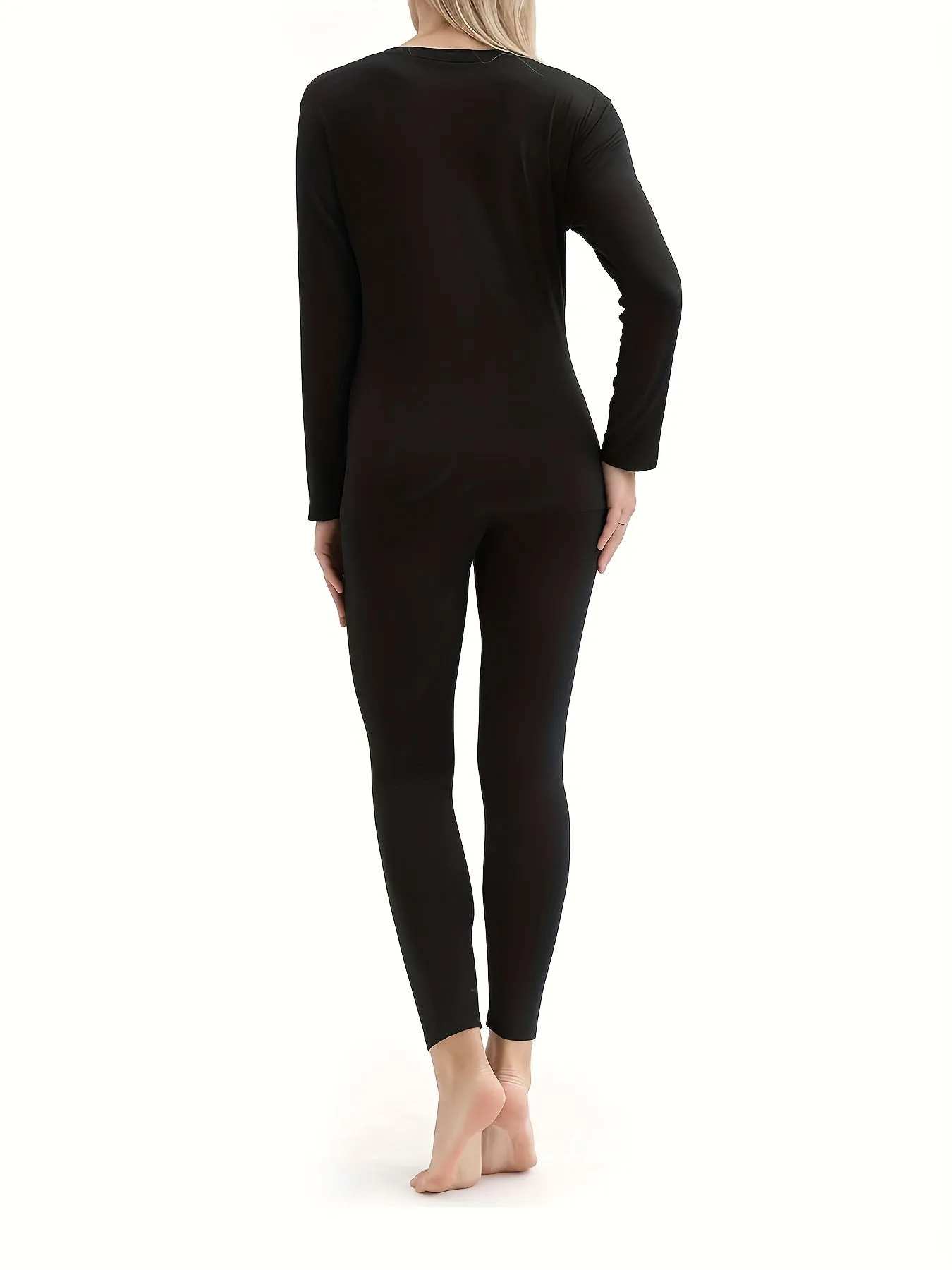 Seamless Thermal Underwear Set, Long Sleeve Crew Neck Tops & Pants, Women's Loungewear & Underwear