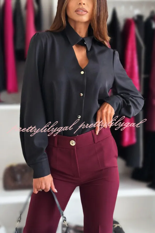 Solid Color Lapel Long Sleeve Versatile Hollow Casual Shirt