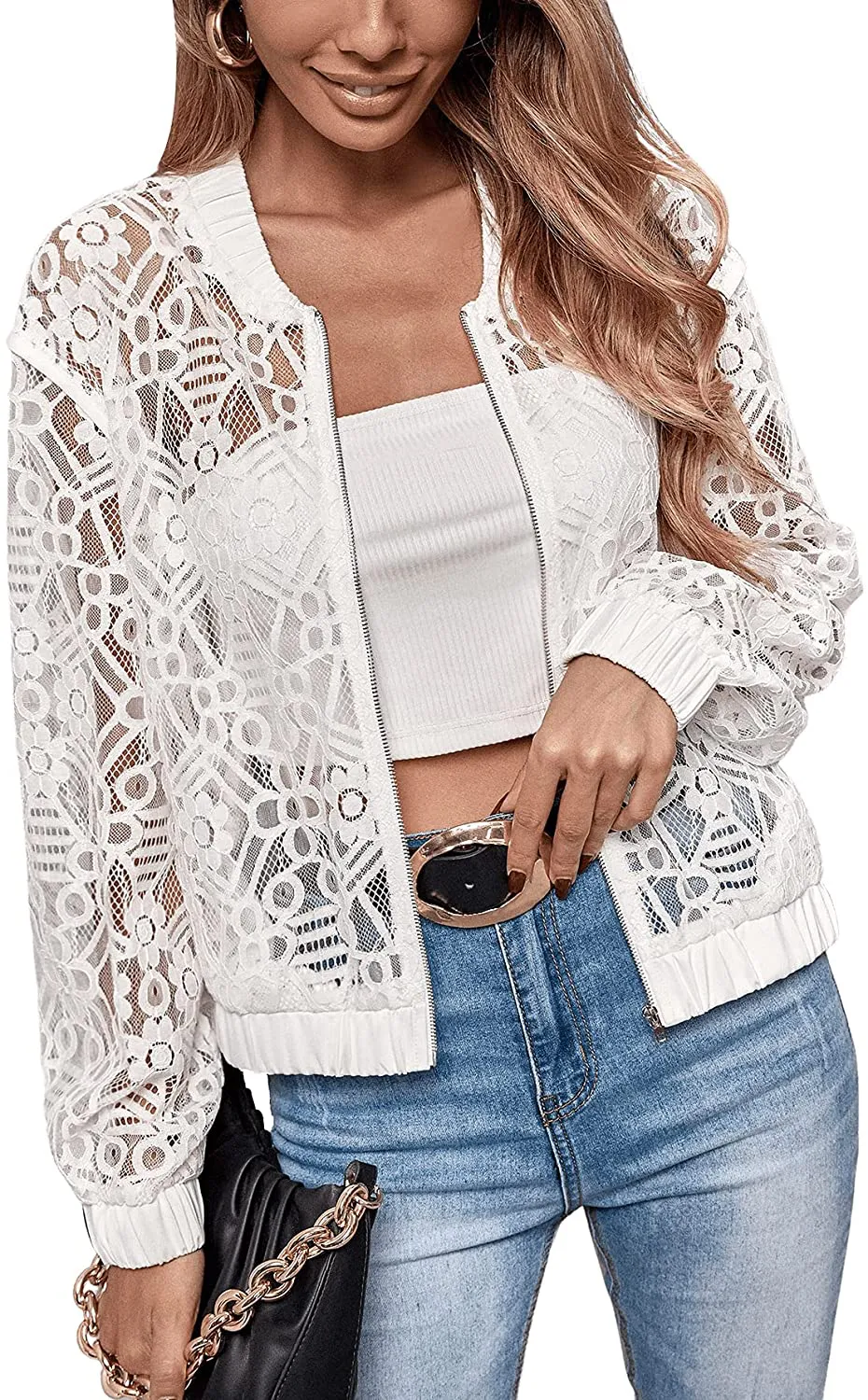 SweatyRocks Women's Summer Zip Up Light Weight Long Sleeve Mesh Bomber Jacket