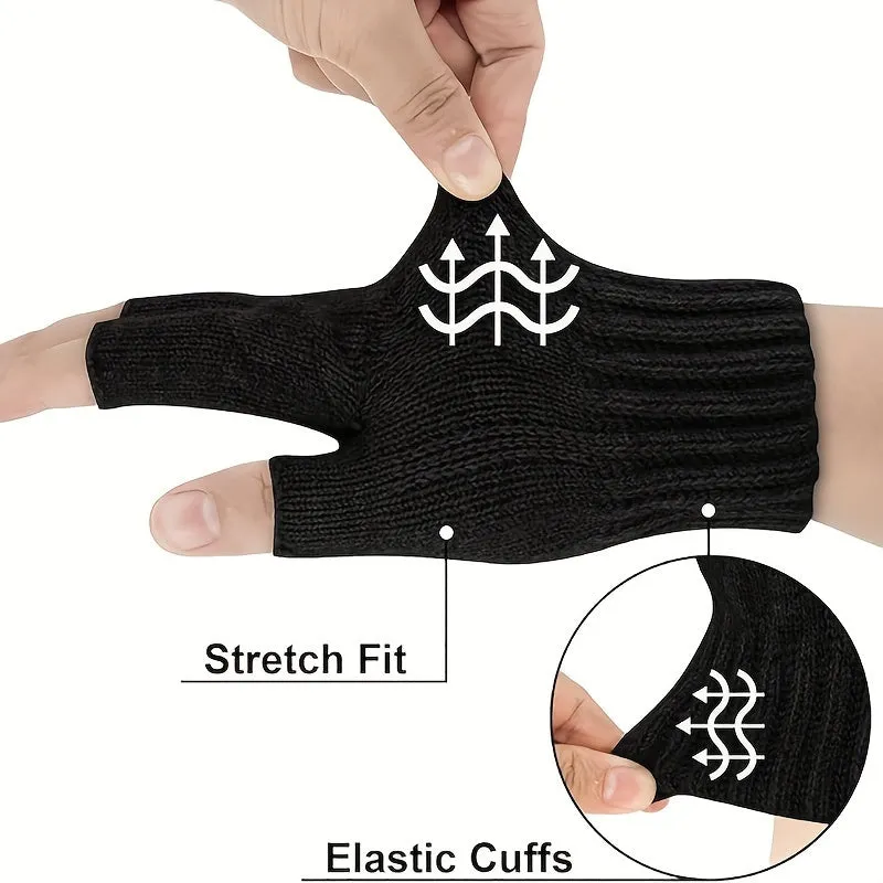 Touchscreen-Compatible Half Finger Gloves - Warm, Stretchy Knit Winter Mittens for Men and Women