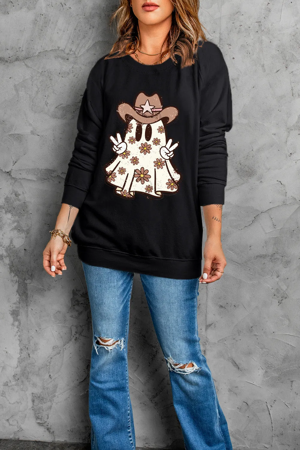 Western Halloween Floral Ghost Graphic Sweatshirt